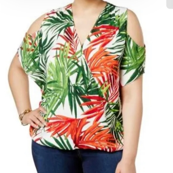 INC Plus Size Cold-Shoulder Faux-Wrap Crossover Top 0X, Pleasant Palms #2086 - Picture 2 of 14